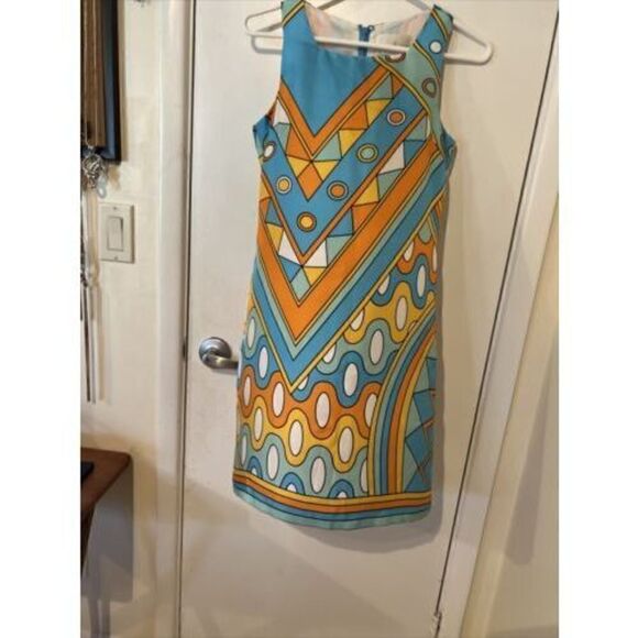 Julie Brown Blue Orange 100% Silk Dress Size 0 - Picture 3 of 11